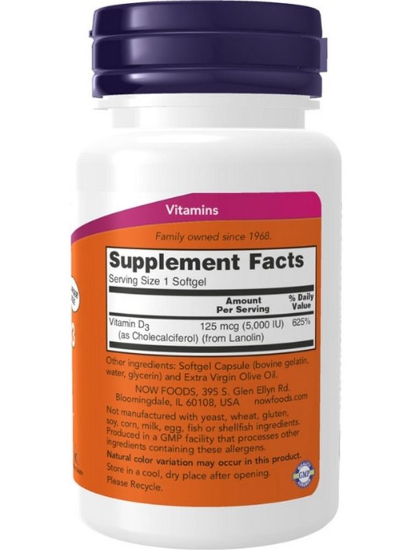 NOW Foods, Vitamin D-3 5000 IU, 240 softgels Supply