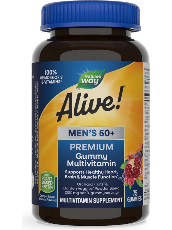 Nature s Way, Alive! Men s 50+ Premium Gummy Multivitamin, Orange, Grape, and Cherry, 75 Gummies For Sale